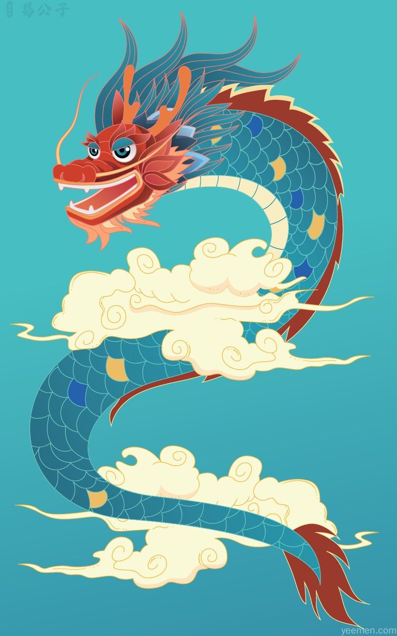 蓝色中国龙穿梭云海，姿态灵动威严，象征属龙人5月事业突破腾飞