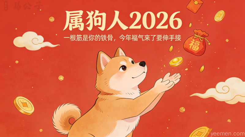 属狗人2026年财位布局图：卡通柴犬迎接金色铜钱与福袋的吉祥画面，寓意福气盈门财源广进