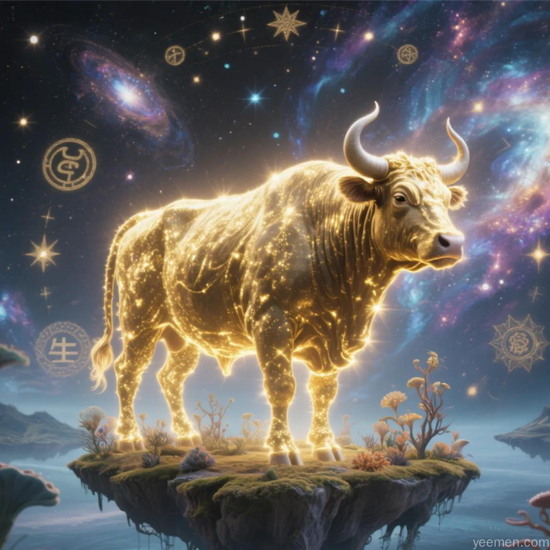 属牛人2026年下半年发展态势，金色公牛踏于星辰水面，周围星云璀璨，象征属牛人稳步前行与事业突破