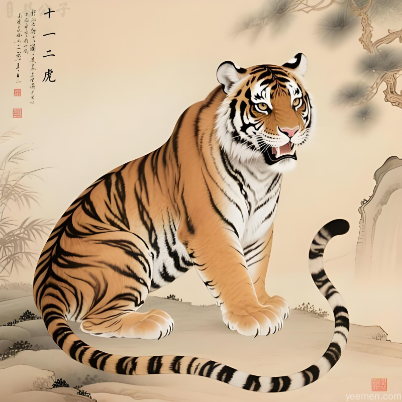 属虎人2026年工笔老虎坐姿山水背景，象征贵人相助情形