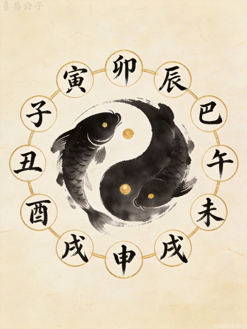十二位值日神按圆形排列循环轮转的水墨风格图案