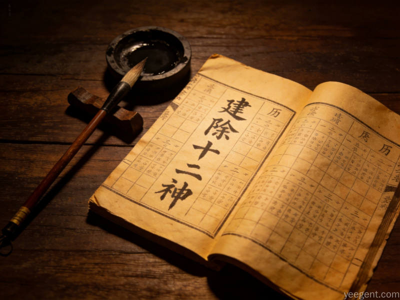 传统老黄历古籍与毛笔书法展示建除十二神的文化内涵